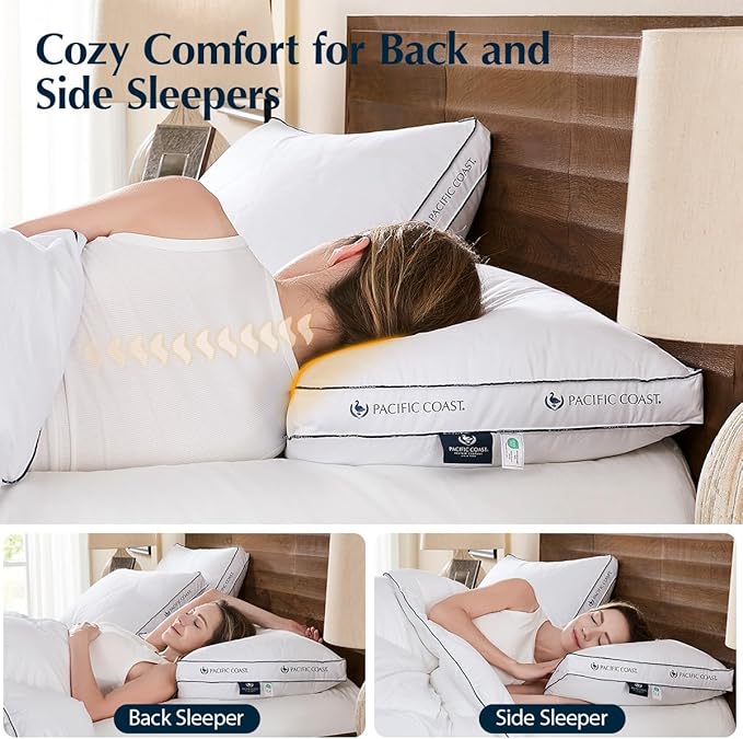 Pacific Coast Gusseted Pillows Queen Size Set of 2, Goose Feather and Down Firm Pillows, Luxury Hotel Collection Bed Pillows for Sleeping, Supportive Gusseted Dsign for Side and Back Sleepers