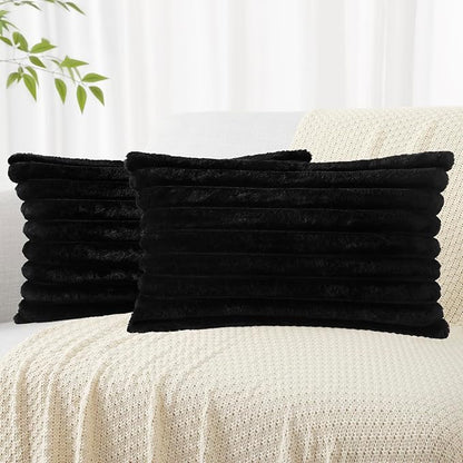 decorUhome Faux Fur Throw Pillow Covers 12x20 Set of 2, Decorative Soft Plush Striped Lumbar Neutral Euro Pillow Covers with Velvet Back for, Bed, Living Room Home Decor, Black