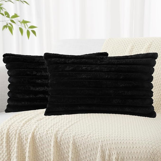 decorUhome Faux Fur Throw Pillow Covers 12x20 Set of 2, Decorative Soft Plush Striped Lumbar Neutral Euro Pillow Covers with Velvet Back for, Bed, Living Room Home Decor, Black