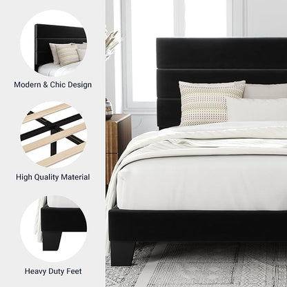 Allewie Full Size Platform Bed Frame with Velvet Upholstered Headboard and Wooden Slats Support, Fully Upholstered Mattress Foundation/No Box Spring Needed/Easy Assembly, Black