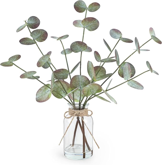 Fall Fake Eucalyptus Stems in Glass Vase with Faux Water 14" Fake Fall Plants with Artificial Eucalyptus Leaves Fall Decorations for Home Bathroom Centerpiece Office Farmhouse Decor