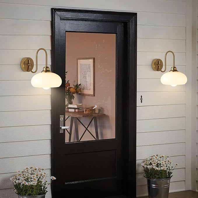 KCO Lighting 1-Light Vintage Bathroom Wall Sconces Gold Globe Wall Sconce Lighting Brushed Brass Bedroom Wall Lighting Milk Glass Wall Light Industrial Wall Lamp for Hallway Porch