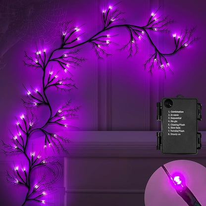 6 Ft 54 LED Halloween Willow Vine Twig Decor Garland with 8 Modes Timer Waterproof Battery Operated Scary Halloween Decorations for Home Wall Mantle Fireplace Decor