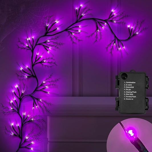6 Ft 54 LED Halloween Willow Vine Twig Decor Garland with 8 Modes Timer Waterproof Battery Operated Scary Halloween Decorations for Home Wall Mantle Fireplace Decor