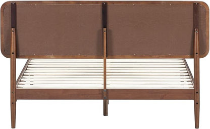 NTC Lupin Wooden Bed Frame with Headboard and Natural Rattan, Solid Oak/Rubber Wood Foundation with Silent Slats, 1000 Lb Capacity, Effortless Assembly (Natural Cane - Dark Walnut, Queen)