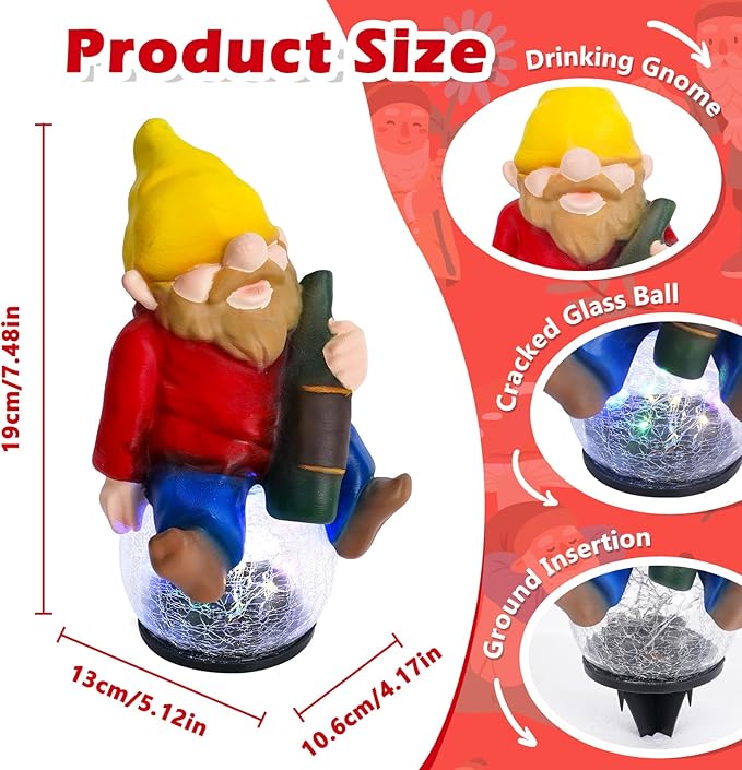 Drinking Gnome Solar Garden Statue - Funny Gnome Figurine with Colorful Crackle Ball LED Light - Perfect Novelty Patio Decor and Gag Gifts - Hilarious Christmas House Warming Gifts New Home