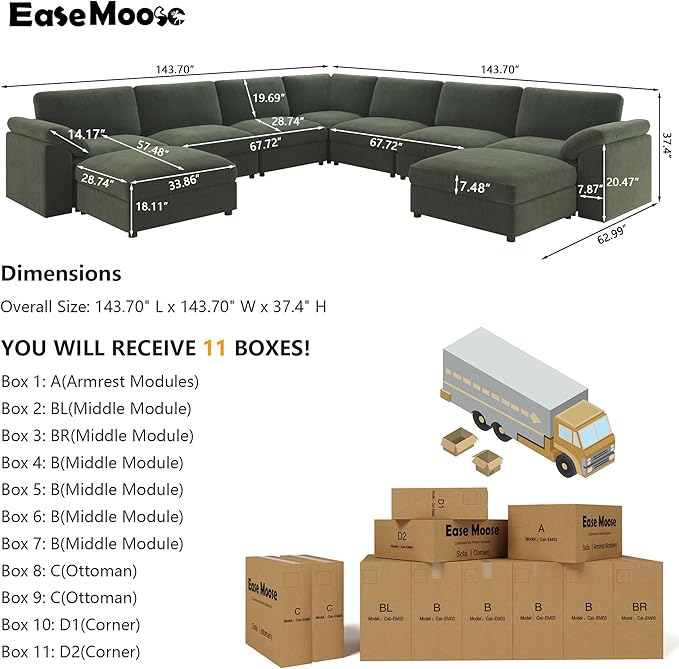 EASE MOOSE Oversized Modular Sectional Sofa with Ottoman, Modern Luxury Wide Deep Modular Couch, U Shaped Couch for Big Spaces Living Room,Green