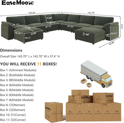 EASE MOOSE Oversized Modular Sectional Sofa with Ottoman, Modern Luxury Wide Deep Modular Couch, U Shaped Couch for Big Spaces Living Room,Green