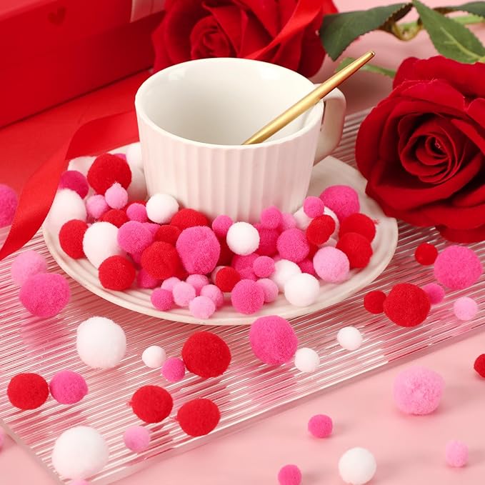 UPINS Valentine's Day Pom Poms Balls, 600 Pieces Pink Red Pom Poms Mixed Sizes Pompoms for Crafts Making DIY Wedding Valentine's Day Party Decorations Supplies (4 Colors)