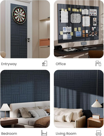 Bumusty Large Cork Board Alternative-47 x35 Felt Bulletin Board Tiles, with 30 Pushpins, 70 Adhesive Tabs, 12-Pack Slat Wall Paneling, Cork Boards for Office Push Pin Felt Board-Deep Charcoal Blue