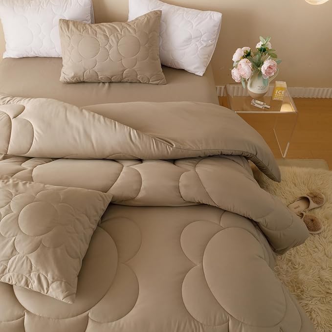 CLOTHKNOW Khaki Full Size Comforter Sets 3Pcs Daisy Puff Bedding Comforter Sets Boho Taupe Comforter Soft Champagne Comforter Full with 2 x Pillowcases