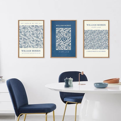 HOURIA William Morris Floral Framed Canvas Wall Art Set,Navy Blue White Flower Wall Decor,Retro Textured Botanical Artwork,Modern Neutral Blossom Art Print for Living Room,Bedroom,Office-16 x24 x3