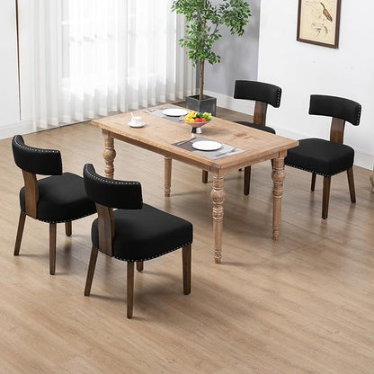 Upholstered Wooden Farmhouse Dining Chairs Set of 4, Mid-Century Modern Fabric Dining Room Chairs with Wood Legs, Curved Backrest Kitchen Armless for Living Room, Black