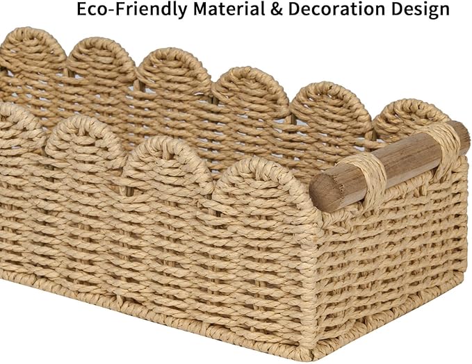 CubesLand Scalloped Edge Toilet Paper Storage Basket, Living Room Home Cozy Decor Basket, Paper Rope Small Baskets for Over Toilet Storage Shelf, Shelves, with 2 Wooden Handles, Beige