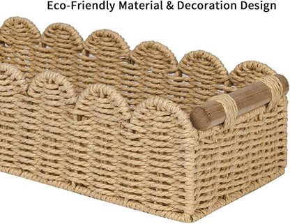 CubesLand Scalloped Edge Toilet Paper Storage Basket, Living Room Home Cozy Decor Basket, Paper Rope Small Baskets for Over Toilet Storage Shelf, Shelves, with 2 Wooden Handles, Beige