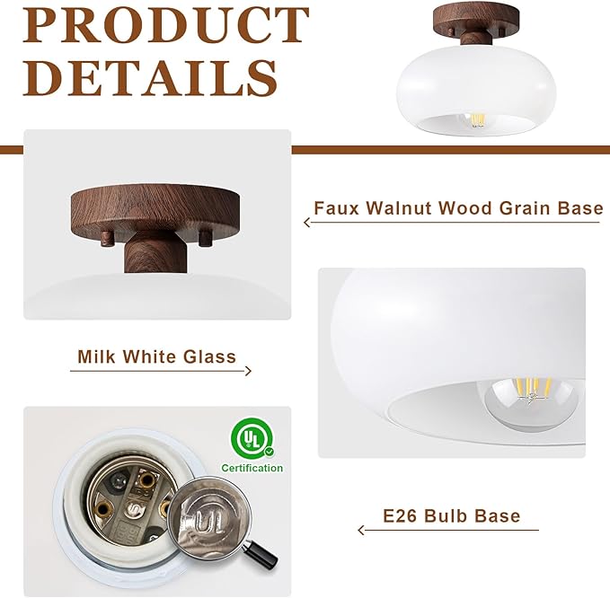 Mid-Century Modern Semi Flush Mount Ceiling Light, Faux Walnut Wood Kitchen Light Fixtures with Glass Shade, Mini White Close to Ceiling Lamp for Entryway Hallway Bathroom (8.66 Inch)