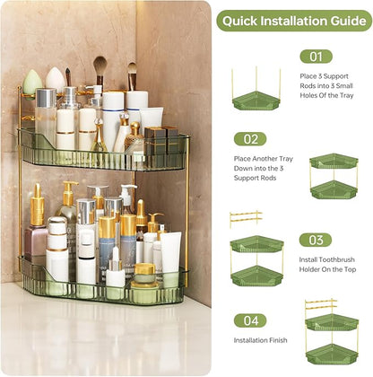 Corner Bathroom Counter Organizer with Makeup Brush Holder & Toothbrush Holders, Makeup Organizer for Vanity Countertop, Acrylic Skincare Storage Shelf (Green, 2-Tier)