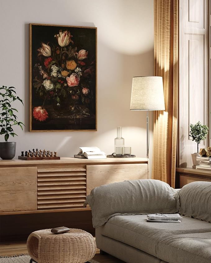 ARPEOTCY Large Framed Canvas Wall Art, Dark Roses Pictures Decor, 24x36Inch, Bathroom Bedroom Kitchen Vintage Floral Decor, Moody Farmhouse French Country Art