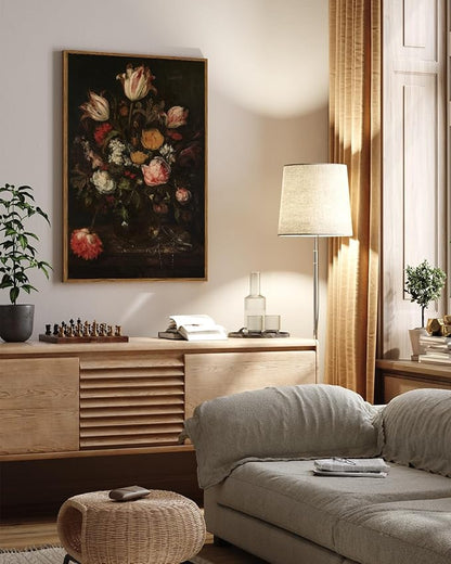 ARPEOTCY Large Framed Canvas Wall Art, Dark Roses Pictures Decor, 24x36Inch, Bathroom Bedroom Kitchen Vintage Floral Decor, Moody Farmhouse French Country Art