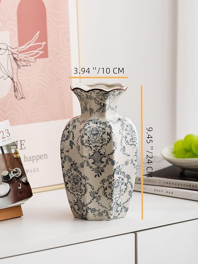 Blue and White Vase, Vintage Blue Ceramic Flower Vessel,Ceramic vases for Home Decor,Vintage Green and Beige for Console Table Mantle Chinoiserie Decor (Retro-03, Large)