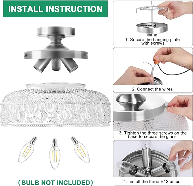 Lamomo Semi Flush Mount Ceiling Light,Upgraded Larger Silver Hallway Light Fixture,3-Bulb Globe Glass Close to Ceiling Scone, Indoor Hanging Light for Bedroom Kitchen Porch Hallway,Bulbs Not Included