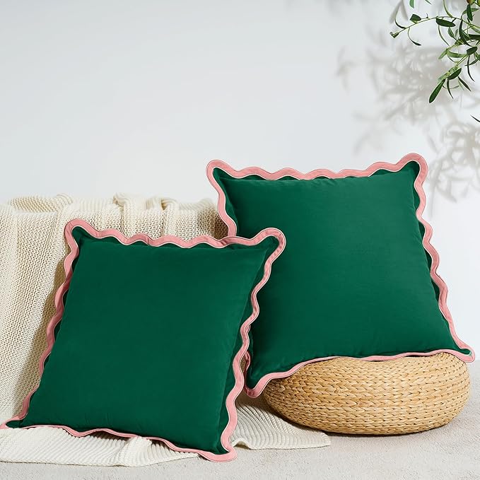 MONDAY MOOSE Decorative Throw Pillow Covers Cushion Cases, Set of 2 Soft Velvet Scalloped Wavy Edge Designs, Mix and Match for Home Decor, Pillow Inserts Not Included (Pink/Green, 22x22 inch)