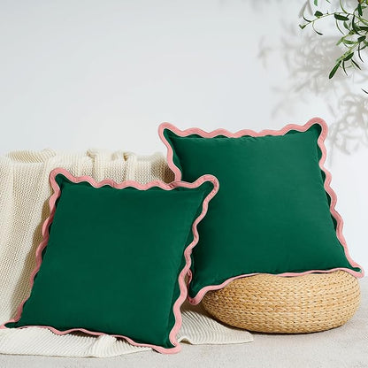 MONDAY MOOSE Decorative Throw Pillow Covers Cushion Cases, Set of 2 Soft Velvet Scalloped Wavy Edge Designs, Mix and Match for Home Decor, Pillow Inserts Not Included (Pink/Green, 20x20 inch)