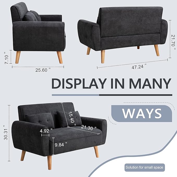 Shintenchi Small Loveseat Sofa Mid Century Fabric Upholstered 2 Seat with Pillows for Small Living Room Studio Apartment, Black