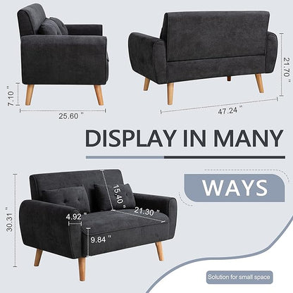Shintenchi Small Loveseat Sofa Mid Century Fabric Upholstered 2 Seat with Pillows for Small Living Room Studio Apartment, Black