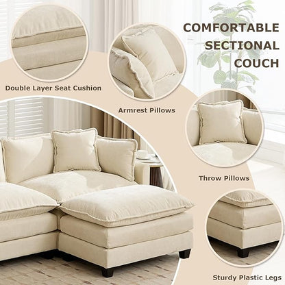 SoarFlash Chenille Sectional Sofa, Comfy Modular Single Sofa with Ottoman, Modern Recliner Deep Seat Sofa Set for Living Room,Beige