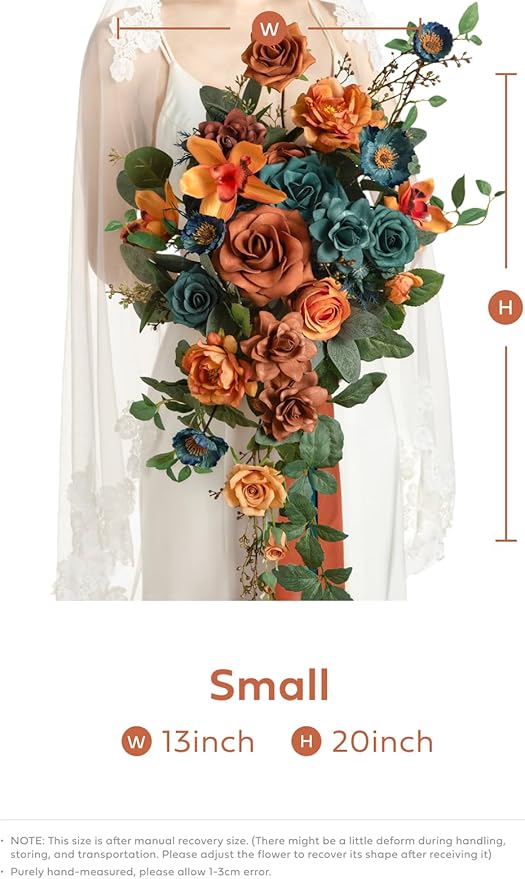 Ling's moment Teal Bridal Bouquet Cascading, Burnt Orange Wedding Bouquets for Bride, 13 Inch Terracotta Rust Fall Artificial Wedding Flower Bouquet