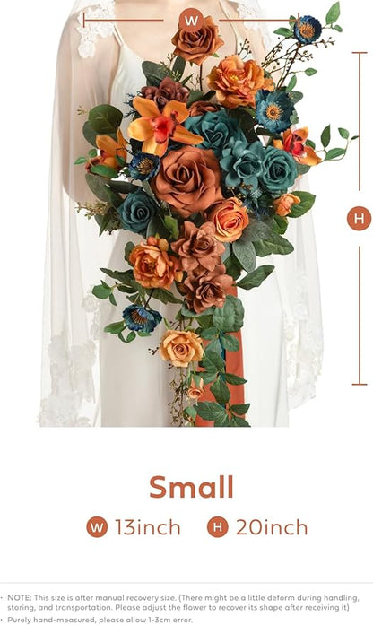 Ling's moment Teal Bridal Bouquet Cascading, Burnt Orange Wedding Bouquets for Bride, 13 Inch Terracotta Rust Fall Artificial Wedding Flower Bouquet