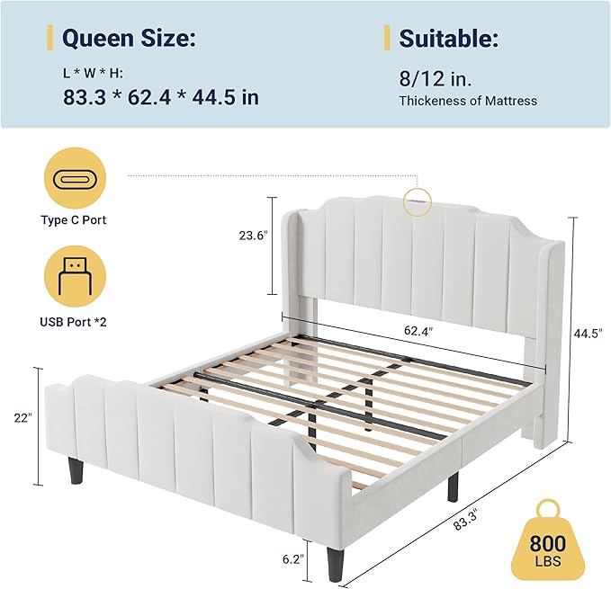 Allewie Vintage Queen Size Velvet Platform Bed Frame with Curved Vertical Tufted Wingback Headboard and Footboard, Charging Station, Easy Assembly, Under Bed Storage, No Box Spring Required, White
