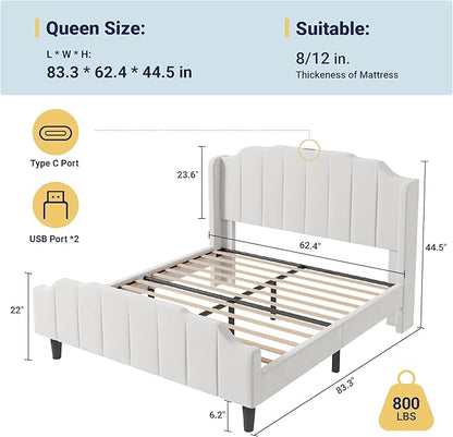 Allewie Vintage Queen Size Velvet Platform Bed Frame with Curved Vertical Tufted Wingback Headboard and Footboard, Charging Station, Easy Assembly, Under Bed Storage, No Box Spring Required, White