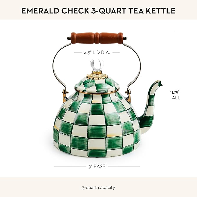 MACKENZIE-CHILDS Enamel Tea Kettle, Stylish Tea Kettle for Stovetop, Green-and-White Emerald Check, 3 Quarts