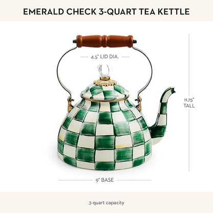 MACKENZIE-CHILDS Enamel Tea Kettle, Stylish Tea Kettle for Stovetop, Green-and-White Emerald Check, 3 Quarts