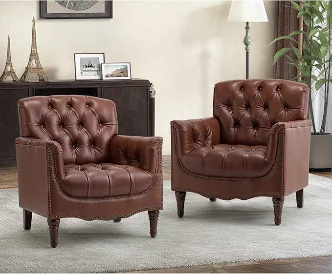 HULALA HOME Mid Century Modern Leather Club Chairs Set of 2, Top-Grain Genuine Leather Armchairs with Button-Tufted Back & Solid Wood Legs, Accent Chairs for Living Room/Bedroom/Home Office, Brown