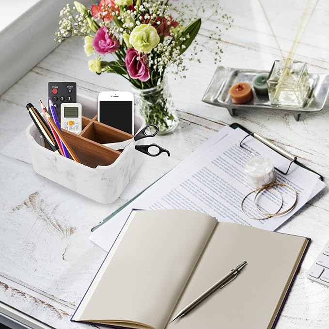 Desk Organizers, Marble Remote Holders for Table, Modern Office Controller Pen Phone Holder Organizer, Stylish Caddy and Storage Accessories for Bedside Nightstand Desktop