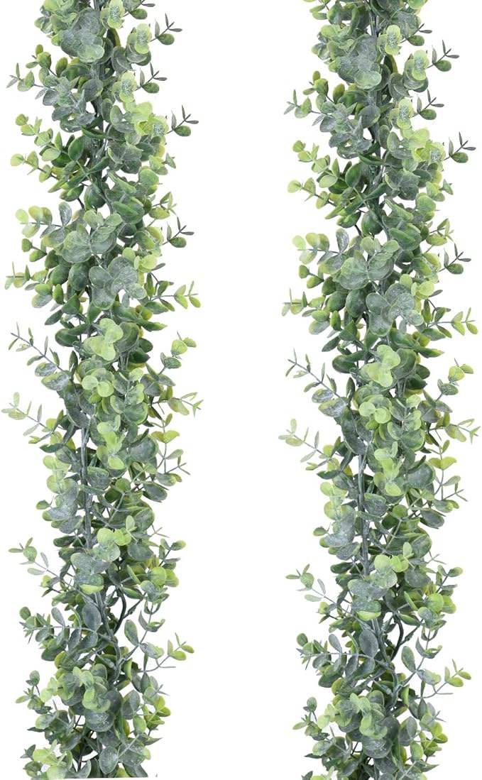 DearHouse Faux Eucalyptus Garland Plant, 2 Pack Artificial Vines Hanging Eucalyptus Leaves Greenery Garland for Wedding Backdrop Arch Wall Decor, 6 Feet/pcs UV Protected Indoor Outdoor