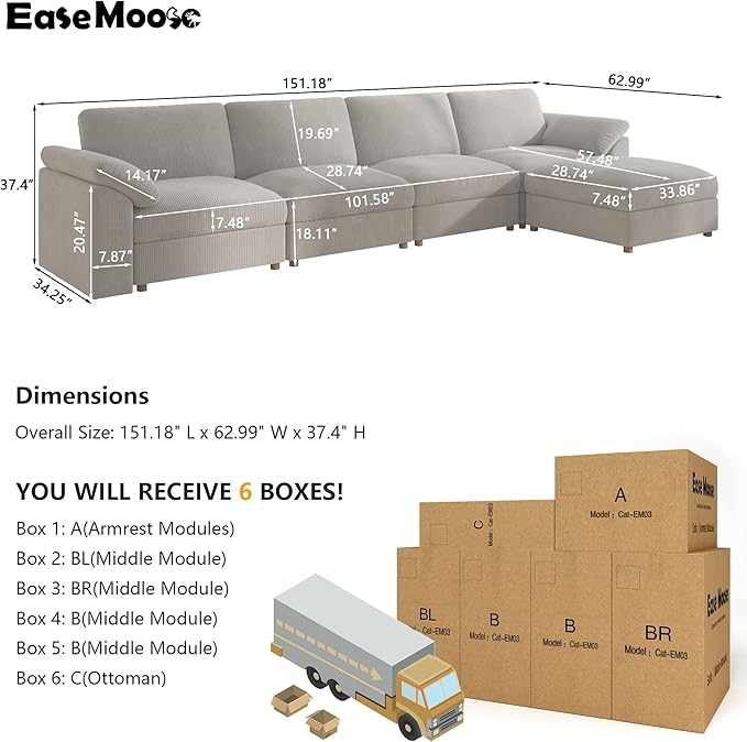 EASE MOOSE Oversized Sectional Modular Sofa with Ottoman,Comfty L Shape Sectional Deep Modular Sofa,Cloud Couch for Living Room,Removable Cover