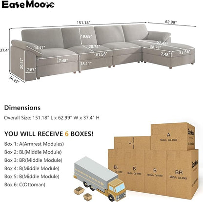 EASE MOOSE Oversized Sectional Modular Sofa with Ottoman,Comfty L Shape Sectional Deep Modular Sofa,Cloud Couch for Living Room,Removable Cover