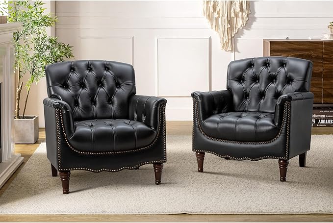 HULALA HOME Mid Century Modern Leather Club Chairs Set of 2, Top-Grain Genuine Leather Armchairs with Button-Tufted Back & Solid Wood Legs, Accent Chairs for Living Room/Bedroom/Home Office, Black