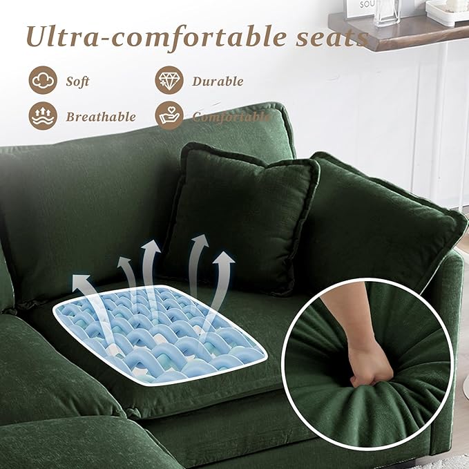 SoarFlash Chenille Sectional Sofa, Comfy L Shaped Modular Coush Sofa with Ottoman, Modern 2 Seat Couch Deep Seat Sofa Set for Living Room,Green