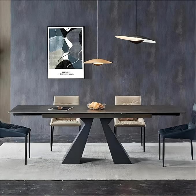 Extendable Dining Table for 8-12 Seat Flexible Stretch Tabletop Made from Sintered stone Tempered Glass Solid Carbon Steel Base, Dark Grey