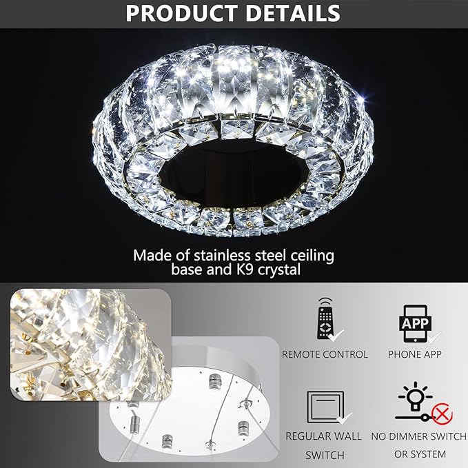8" Ring Modern LED Dimmable Crystal Chandelier Adjustable Height Pendant Light Round Crystal Chandelier Light Fixtures for Dining Room Living Room Kitchen Island Silver