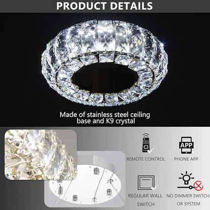 8" Ring Modern LED Dimmable Crystal Chandelier Adjustable Height Pendant Light Round Crystal Chandelier Light Fixtures for Dining Room Living Room Kitchen Island Silver