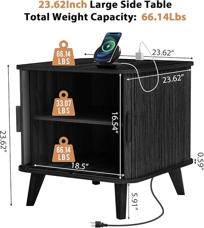 24 Inch Wood Nightstands Set of 2, Mid-Century Modern End Table with Charging Station 2AC+3USB, BedSide Table with Storage & Sliding Door (2XSquare, Black)