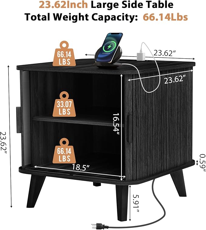 24 Inch End Table with Charging Station, Mid Century Modern Fluted Nighstand with Storage & Sliding Door, Wooden Large Side Table for Bedroom Living Room (Square, Black)