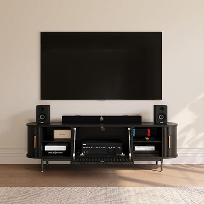 POVISON Fully-Assembled Mid Century Modern TV Stand for 65 inch TV, Sliding Door Entertainment Center with Storage, Wood TV Console, Media Console for Living Room Bedroom(Black, 70.87")