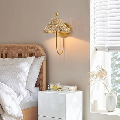 Boho Hand Woven Rattan Wall Scones Set of 2 Brass Wall Lamp Sconces Rustic Wall Lights for Bedside Hallway Vanity Stairway Fireplace Living Room, UL Listed